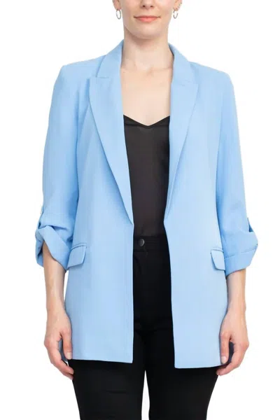 T Tahari Lapel Collar Open Front Woven Blazer In Wedgewood In Blue
