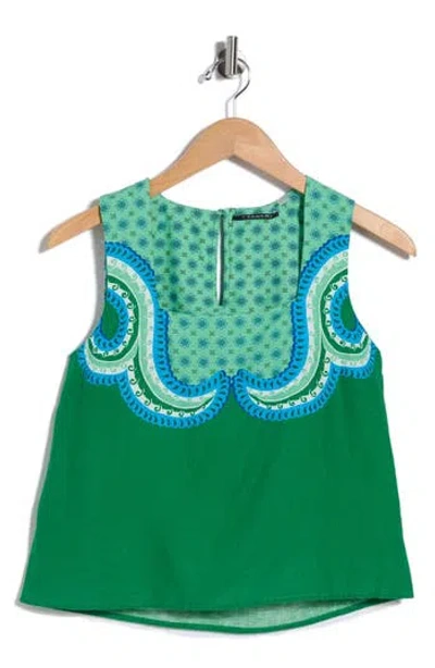 T Tahari Linen Blend Print Top In Green