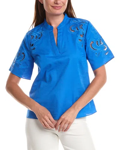 T Tahari Linen-blend Solid Blouse In Blue