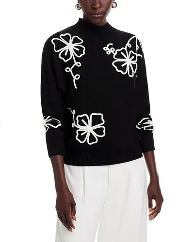 T Tahari Long Dolman Sleeve Mock Neck Flower Embroidery Sweater In Black