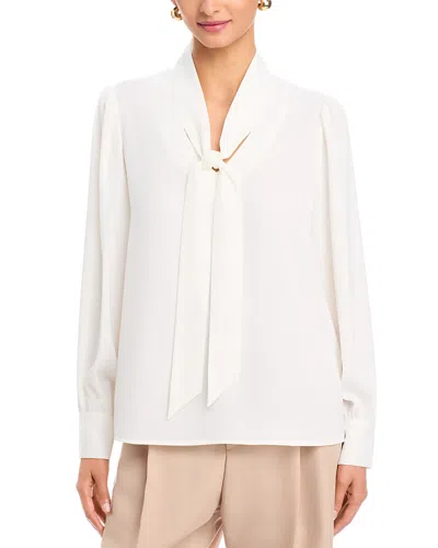 T Tahari Long Sleeve Bow Tie Neck Blouse In White