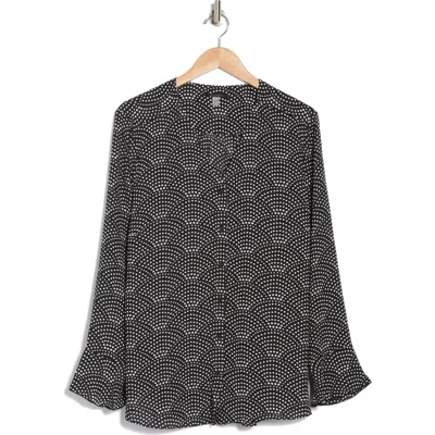 T Tahari Long Sleeve Button-up Top In Black Ivory Scalloped Dot