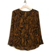 T Tahari Long Sleeve Button-up Top In Black/brown Jungle Leaf Print