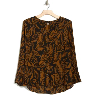 T Tahari Long Sleeve Button-up Top In Black/brown Jungle Leaf Print