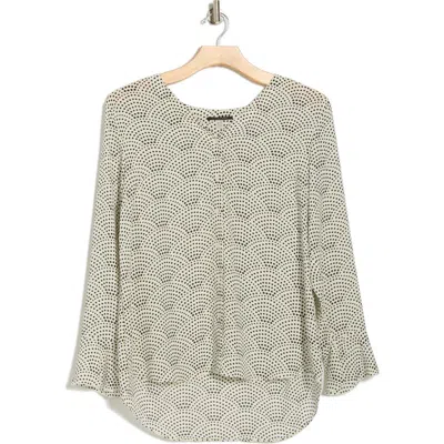 T Tahari Long Sleeve Button-up Top In Ivory Black Scalloped Dot