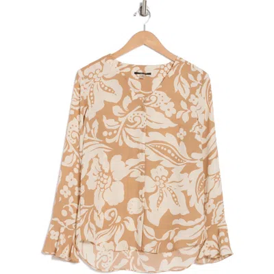 T Tahari Long Sleeve Button-up Top In Khaki/ivory Floral