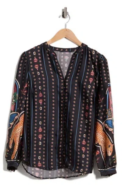 T Tahari Long Sleeve Button-up Shirt In Black Animal Graphic