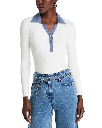T Tahari Long Sleeve Collared V Neck Top In White Star