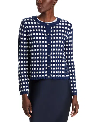 T Tahari Long Sleeve Crewneck Button Down Gingham Cardigan In Evening Navy