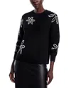 T Tahari Long Sleeve Crewneck Sweater With Floral Embroidery In Black