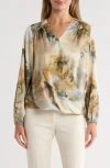 T Tahari Long Sleeve Faux Wrap Blouse In Neutral
