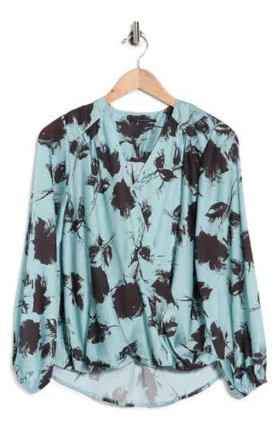 T Tahari Long Sleeve Faux Wrap Blouse In Blue