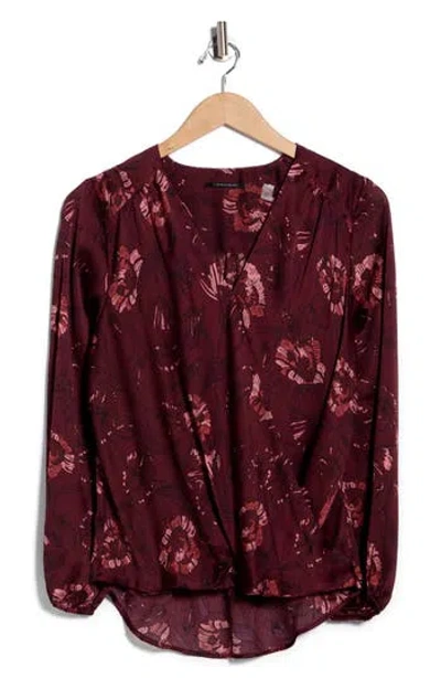 T Tahari Long Sleeve Faux Wrap Blouse In Burgundy