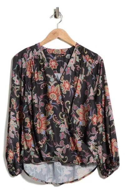 T Tahari Long Sleeve Faux Wrap Blouse In Blue
