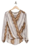 T Tahari Long Sleeve Faux Wrap Blouse In Golden Pearl Snake