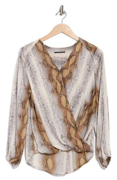 T Tahari Long Sleeve Faux Wrap Blouse In Golden Pearl Snake