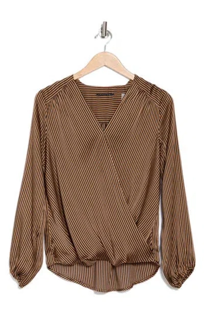 T Tahari Long Sleeve Faux Wrap Blouse In Luggage/black Stripe