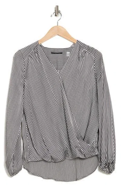 T Tahari Long Sleeve Faux Wrap Blouse In White/black Stripe