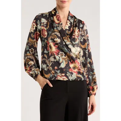 T Tahari Long Sleeve Faux Wrap Top In Black