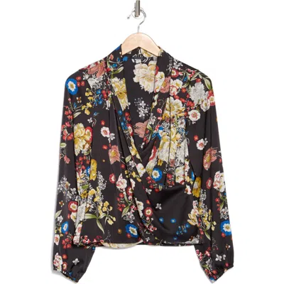 T Tahari Long Sleeve Faux Wrap Top In Black Shadowland Floral