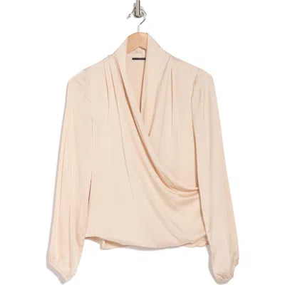 T Tahari Long Sleeve Faux Wrap Top In Champagne Beige