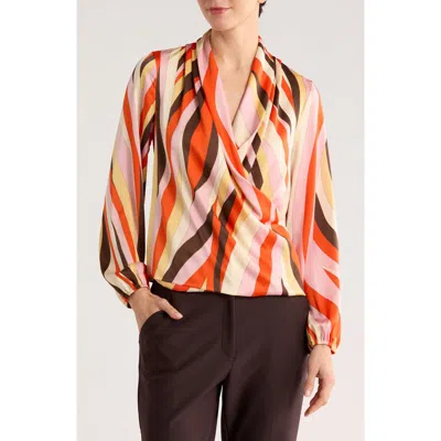 T Tahari Long Sleeve Faux Wrap Top In Multi