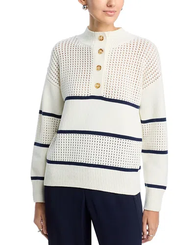 T Tahari Long Sleeve Half Button Down Mock Neck Stripe Pullover Sweater In White