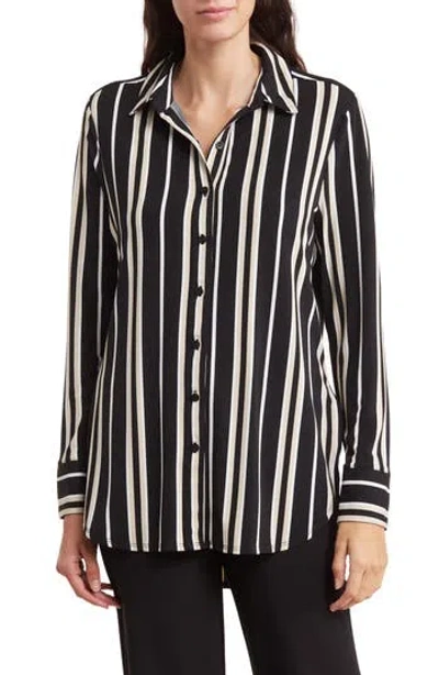 T Tahari Long Sleeve Knit Button-up Tunic Shirt In Black/ivory/putty Stripe