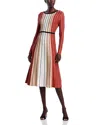 T Tahari Long Sleeve Round Neck Vertical Color Block Stripe Dress In Burgundy