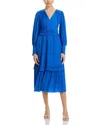 T Tahari Long Sleeve V Neck Fit And Flare Dress In Blue Marina