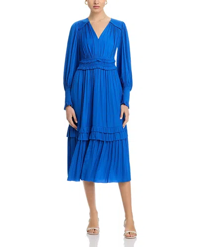 T Tahari Long Sleeve V Neck Fit And Flare Dress In Blue Marina