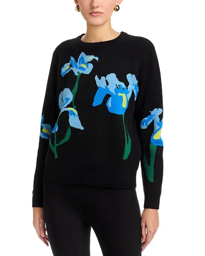 T Tahari Long Sleeved Flower Jacquard Crewneck Pullover Sweater In Black