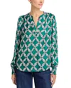 T Tahari Long Sleeved Split Neck Blouse With Smocked Cuffs In Multi