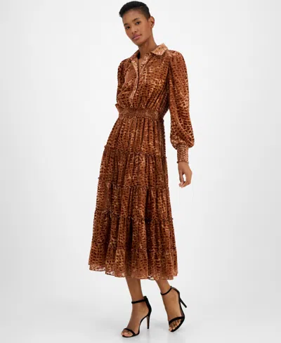 T Tahari Women's Long Sleeve Half Placket Button Down Dress In Geo Burnou