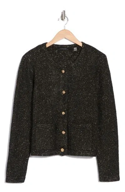 T Tahari Lurex Knit Crewneck Cardigan In Black/gold Lurex