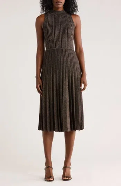 T Tahari Metallic Pleated Mock Neck Sleeveless Midi Dress In Brown