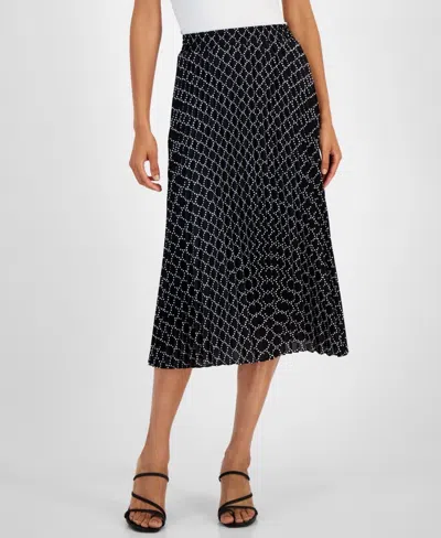T Tahari Midi Skirt Women's Black Dotted Printed Pleated Pull-on Fts1060