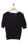 T Tahari Mitered Pointelle V-neck Short Sleeve Sweater In Black