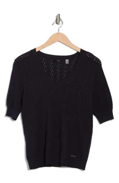 T Tahari Mitered Pointelle V-neck Short Sleeve Sweater In Black