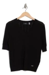 T Tahari Mitered Pointelle V-neck Short Sleeve Sweater In Black