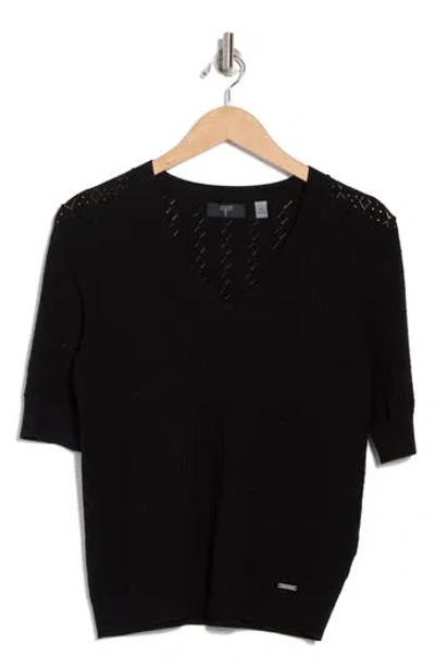 T Tahari Mitered Pointelle V-neck Short Sleeve Sweater In Black
