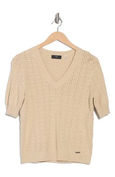 T Tahari Mitered Pointelle V-neck Short Sleeve Sweater In Blue