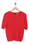 T Tahari Mitered Pointelle V-neck Short Sleeve Sweater In Red