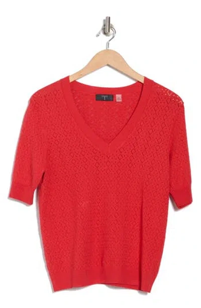 T Tahari Mitered Pointelle V-neck Short Sleeve Sweater In Red
