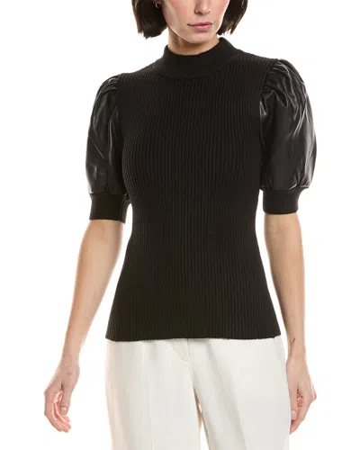 T Tahari Elbow Sleeve Mock Neck Ribbed Pullover Sweater With Faux Leather Sleeves In Black