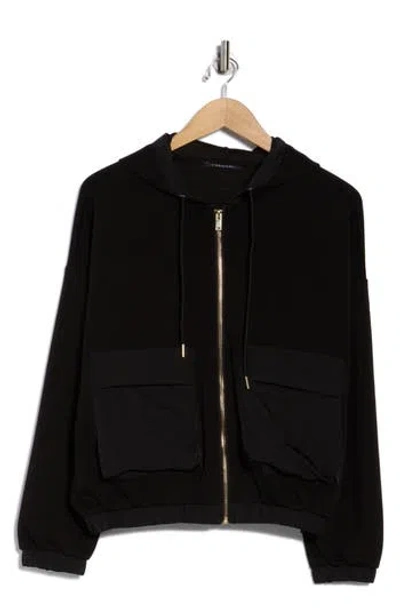 T Tahari Mixed Media Zip Up Hoodie In Black