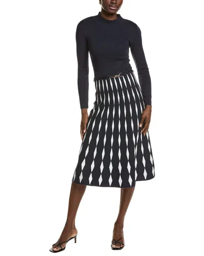 T Tahari Mock Neck Flared Diamond Jacquard Midi Dress In Black