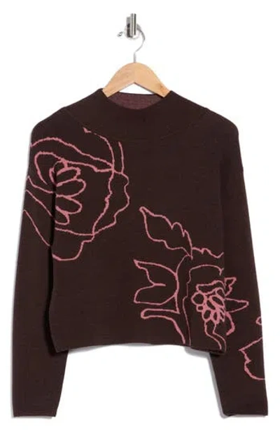 T Tahari Mock Neck Jacquard Sweater In Rich Mocha/ Rose Outlined Flor