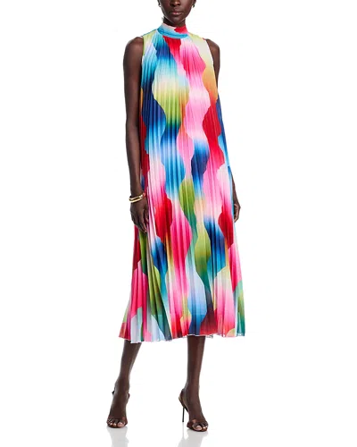 T Tahari Mock Neck Pleat Midi Dress In Multi