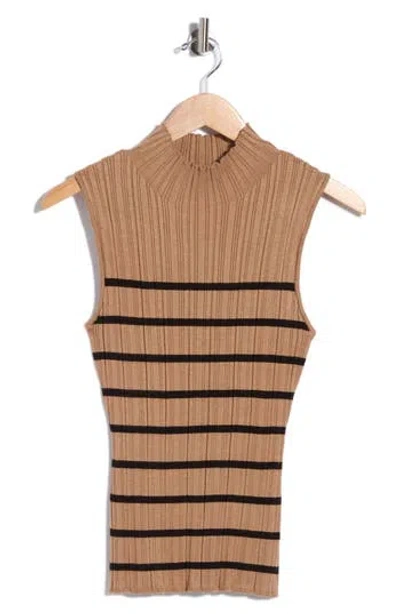 T Tahari Mock Neck Sleeveless Ribbed Sweater In Brown